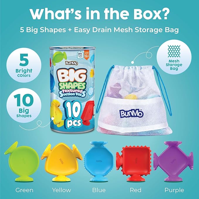 BUNMO Big Shapes Textured Suction Bath Toys for Toddlers 1–3 (10 Pack), Extra Large Silicone Bathtub Toys, BPA-Free Suction Cup Toys, Bath Toys for Kids Ages 1+, Sensory Bath Toys
