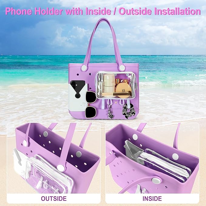6PCS Compatible with Original Medium and Large Bogg Bag,Phone Holder for Inside and Outside of Bogg Bag Accessories,PVC Insert Bags,Hooks,and Keychain(White)