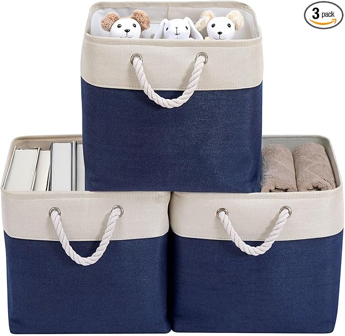 DECOMOMO Cube Storage Bins 13x13 Storage Cubes for Toys, Shelves, Closet and Cube Organizer (Navy Blue & White, 3 Pack)