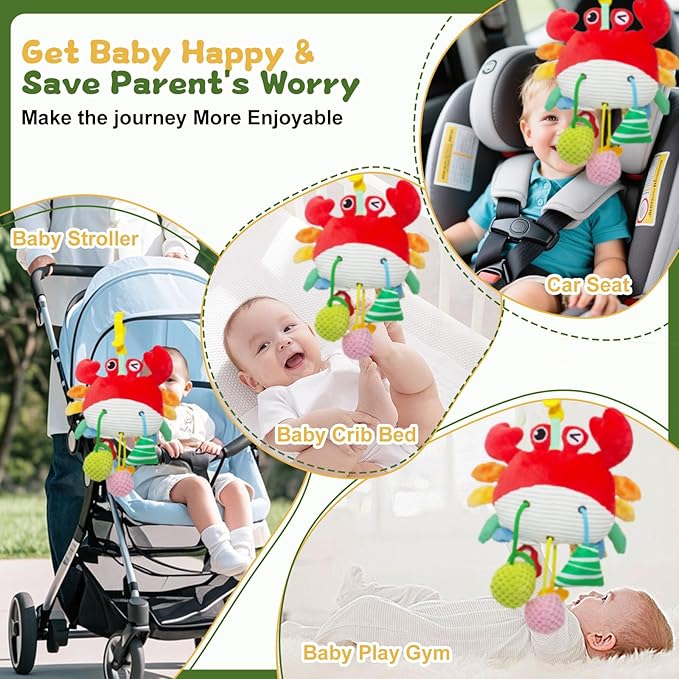 Crab Baby Toy - Clip-On Hanging Sensory Toy for Car Seat, Stroller, Gym with Squeaker, Crinkle, Rattle, Mirror & Teether | Soft Plush 18 Months Infant Developmental Toy for Tummy Time (Red)