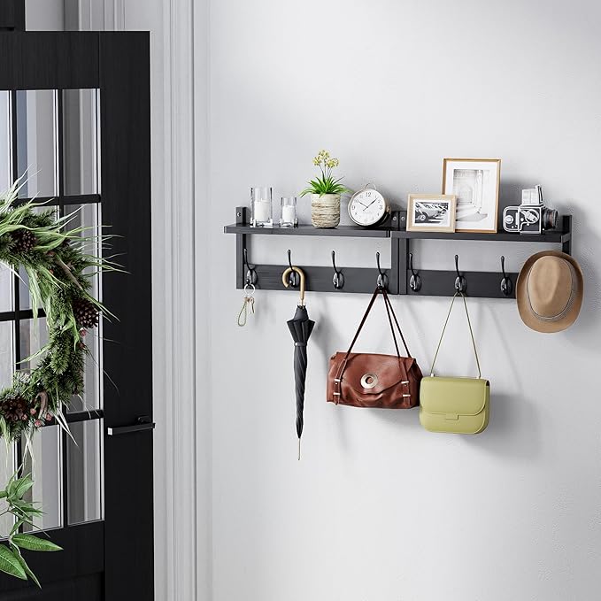 STELLSTAR Coat Rack with Shelf, 2 Pack Bamboo Wall-Mounted Coat Hanger with 8 Hooks for Entryway, Hallway, Kitchen, Bathroom, Living Room, Utility Room (Black)
