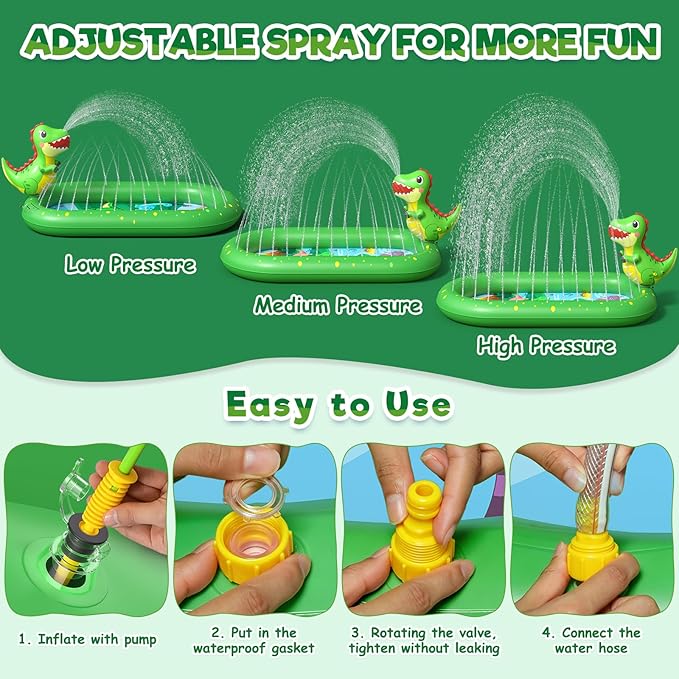 Splash Pad for Toddlers, 3-in-1 Dinosaur Inflatable Kiddie Pool Sprinkler for Kids, Baby Splash Pads Outdoor Play Mat, Backyard Summer Water Toys Birthday Gift for 1+ Year Old Girls Boys