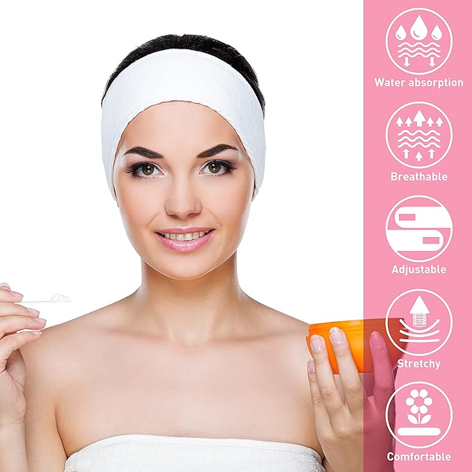 Denfany Spa Headband 3 Pack Ultra Soft Adjustable Face Wash Headband for Face Washing, Shower, Makeup and Sport (Black+White+Pink)