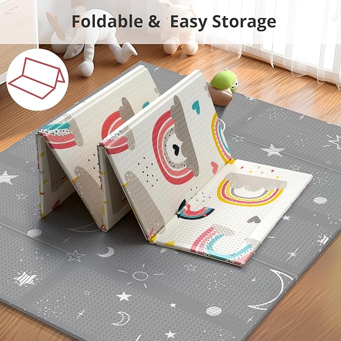 71x59 Foldable Baby Play Mat, Foam and Waterproof Playmat for Floor, Babies Activity Tummy Time Playmats, Portable & Anti-Slip Crawling Mats, Reversible Floor Mat for Kids, Infant, Toddler(Rainbow)