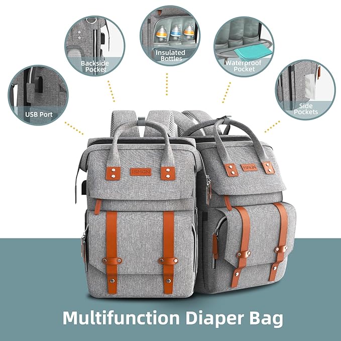 ISMGN Diaper Bag Backpack with Changing Station, Large Diaper Bag, Baby Bag, Multifunctional Diaper Bag, Gray