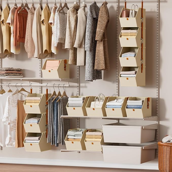 Homsorout Hanging Closet Organizer 4 Tier - Clothes Hanging Shelves, Space-Saving Closet System, Fabric Storage Bins Bedroom Organization, Collapsible Baskets for Home, Dorm, Rv, Beige, 2 Pack