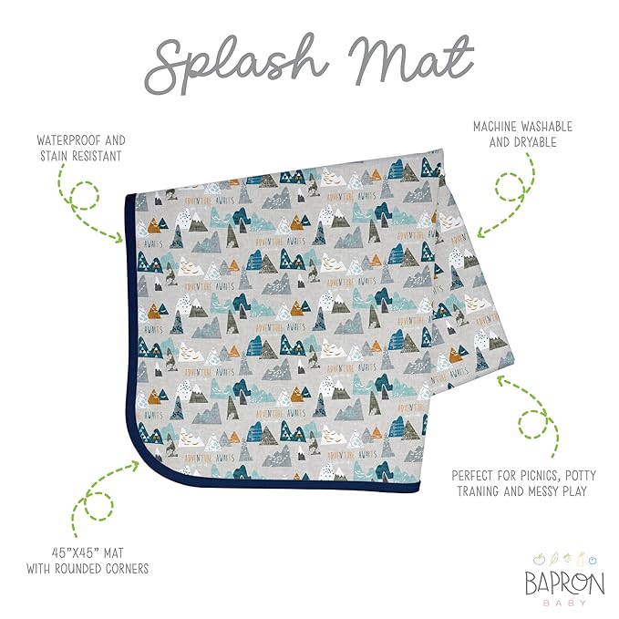 BapronBaby Adventure Awaits Splash Mat - Waterproof Catch-All for Under High Chairs, Floors, Tables, Playtime or Arts & Crafts - Machine Washable - 45" x 45”