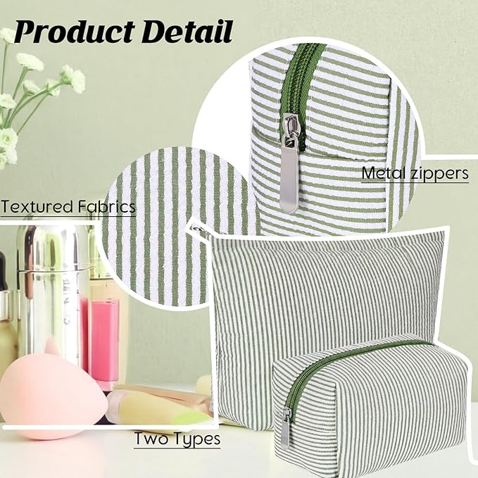 2 Pcs Makeup Bag Set Cute Cosmetic Pouch for Women Seersucker Travel Toiletry Bag Preppy Small Makeup Purse Pouch Aesthetic Skincare Brushes Storage Organizer for Valentine Women(Bean Green)