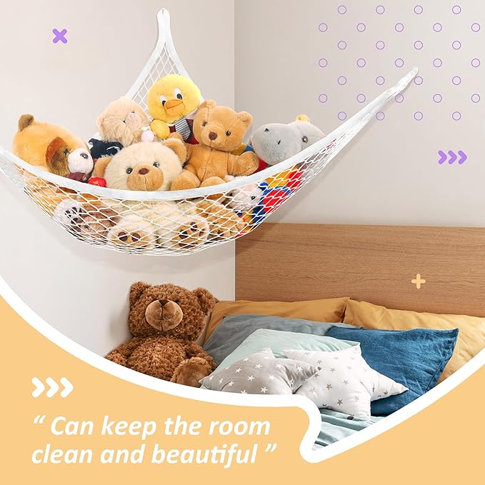 Lazebox Stuffed Animal Net Hammock for Plushie Toys, Stuffed Animal Hammock Corner for Kids' Room Decor, Ideas for Organizing Stuffy Collection, White, L (67" x 40" x 40")-Pack of 2