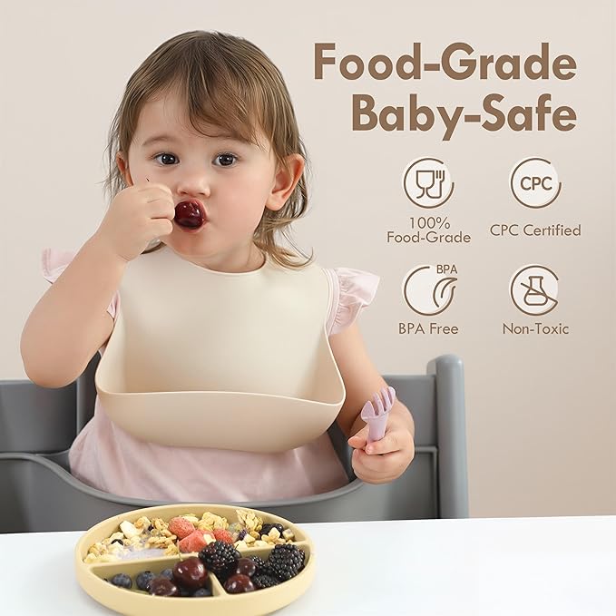 Moonkie Suction Plates for Baby | 100% Silicone BPA-Free Baby Plates with Lids and Food Cover | Divided Design | Microwave and Dishwasher Safe | Toddler Plates 2 Pack