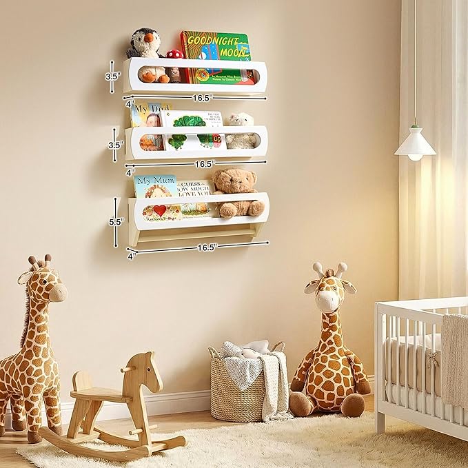 Homewisp Floating Shelves for Wall, Premium Bamboo Wood, Fully Assembled - Nursery Book Shelves, Nursery Decor, Book Shelf for Kids Rooms, Wall Mounted Bookshelves, Set of 3 White