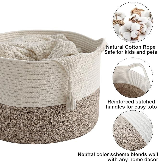 Large Storage Basket with Handle,19.7" L x 19.7" W x 13" H Blanket Basket Storage Bins for Organizing,65L Cotton Rope Woven Baskets for Living Room, Nursery ,Bedroom,White&Brown