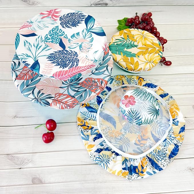 Double Layer Bowl Caps - Reusable Bowl Covers in Pack of 5 - Waterproof, Washable Lids for Leftover Food, Fruits and Snacks, Elastic Storage Wraps for Storage Containers