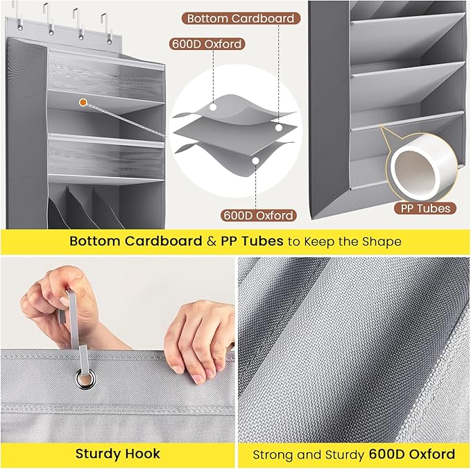 Mefirt 8 Tier Clear Over the Door Shoe Organizer with Deep Pockets, Door Shoes Rack with hard Cardboard and Tubes to Keep the Shape, Hanging Shoe Rack for Closet Organizers, Shoe Holder Grey