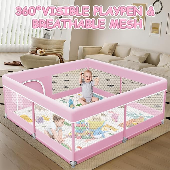 XVISHX Baby Playpen with Mat, 50 x 50 Inch Playpen for Babies and Toddlers, Baby Playard for Indoor & Outdoor Active Center Game Fence, with Skin-Friendly Fabric and Soft Breathable Mesh, Pink