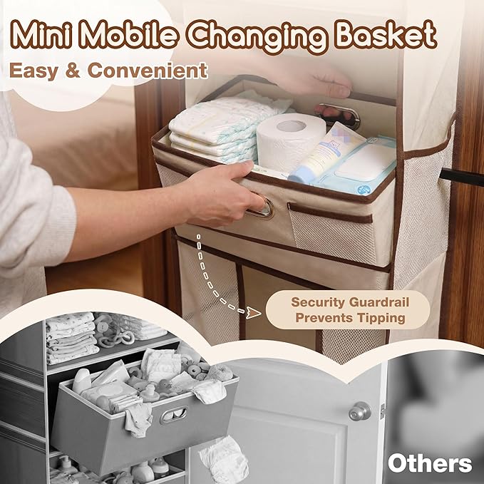 Baby Nursery Over The Door Organizer – 5-Tier 10 Pocket Hanging Storage with Removable Diaper Caddy & 3 Sturdy Hooks, 55LBS Capacity Baby Essentials Holder for Bathroom Bedroom Closet, Beige