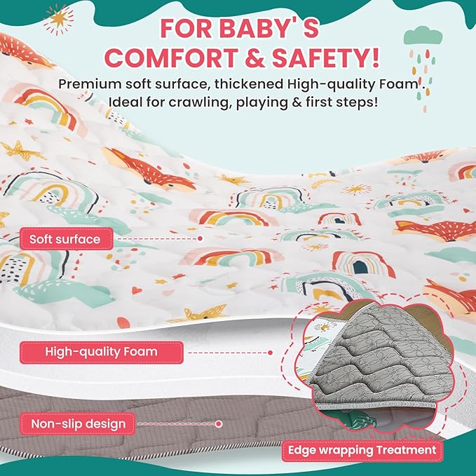 Duwenem Baby Play Mat for Floor,71x59 Inch Soft Foam Padding Crawling Mat for Playpen, Foldable and Machine Washable, Thick for Babies & Toddlers,Rainbow Fox