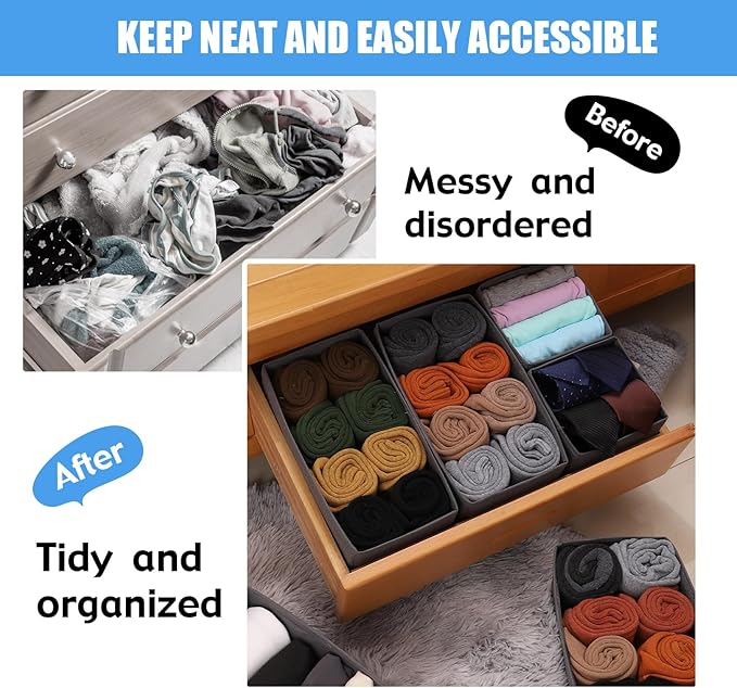 Foldable Dresser Drawer Organizers Clothes, Underwear Organizer Foldable Cloth Storage Box Drawer Divider Organizer Basket Bins for Underwear Socks, Bras, Underwear,14 Pack (Grey)