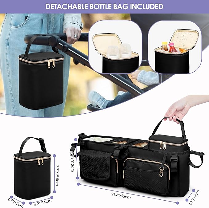 Double Stroller Organizer Compabitle with BOB Duallie and Baby Jogger City Mini GT2 Double Stroller, Double Parent Stroller Caddy Organizer with Cup Holder and Cooler Bag, Black(Empty Bag)