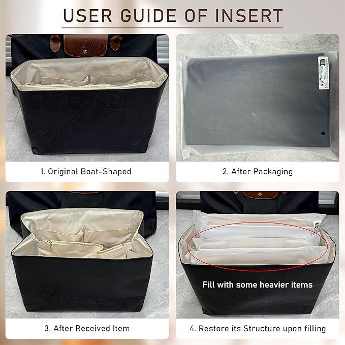 Doxo Long Champ Organizer Insert, Bag Organizer Insert for le pliage Large and More, Lightweight Waterproof DupontPaper, Keeps Handbags Shaped & Neat, 6 Compartments, 4 Size (Black-white, L)