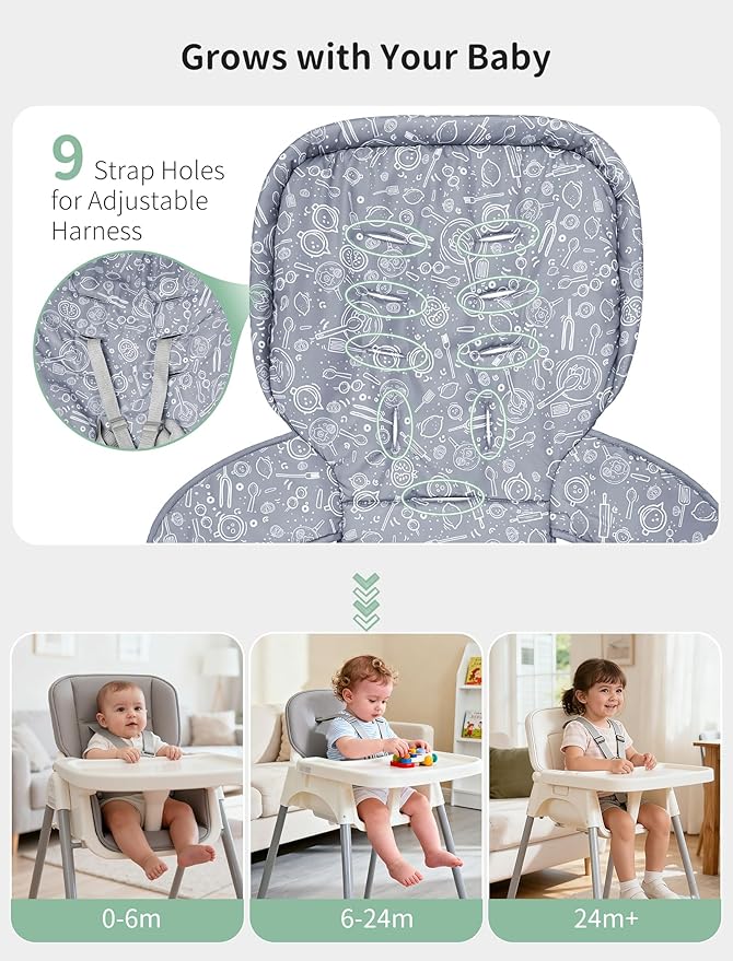 Baby High Chair Cover, Machine Washable High Chair Cushion Pad, Waterproof & Soft, Fits 3-5 Point Harness Chairs, High Chair Replacement Cover for Home & Restaurant Use Grey