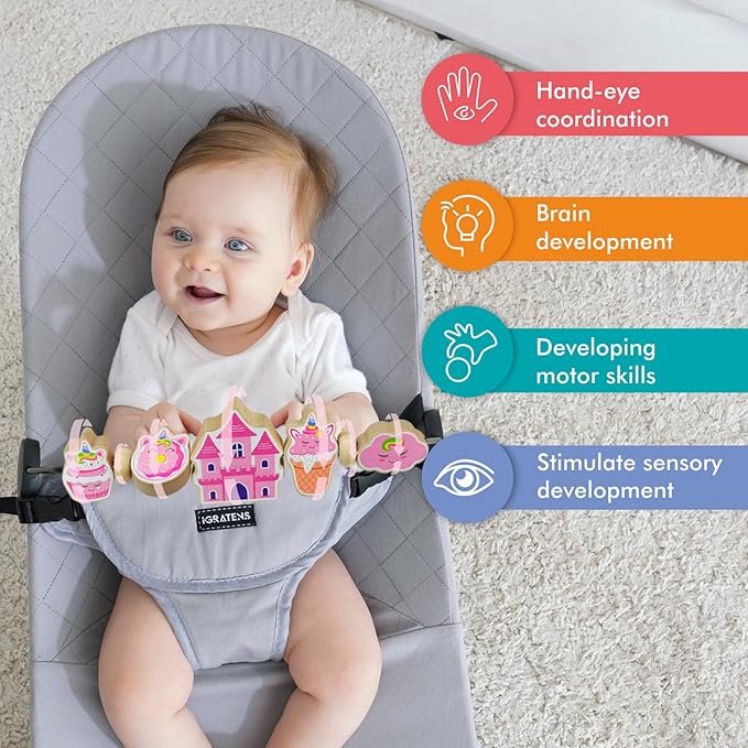 Baby Bjorn Bouncer Toy Bar, Adorable Pink Elements Wooden Toy for Bouncer Soft & Bliss, Easy to Attach and Remove, Child-Friendly Materials, Special Design for Baby Girls, Castle & Dessert