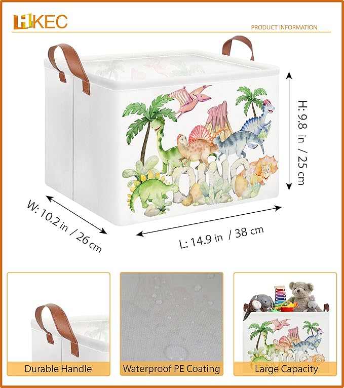 HKEC Rectangle Storage Basket with Handles,Collapsible Toys Bin,Books Box,Gift Basket(DINO)