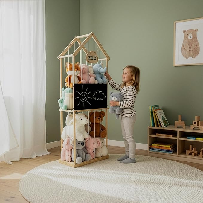 Paquber Stuffed Animal Storage Zoo & Stuffed Animal Holder - Wooden Plush Toy Storage for Kids Room | Natural Pine Wood Toy Organizer with Chalkboard and Elastic Cords