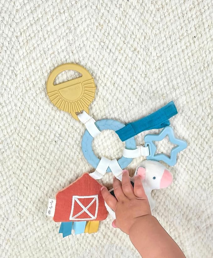 Itzy Ritzy Farm Toy Gift Set - Includes Cow Lovey & Farm-Themed Busy Ring Car Seat and Stroller Toy - Features Crinkle Sounds, Engaging Textures & Silicone Teething Relief (Farm)