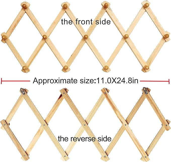AMAPON Accordion Style Expandable Wall Wooden Coat Rack 13 Hooks (Pegs) Hang Hats Jackets Coffee Mug Purses Necklaces Towels Cap Leash Scarves Data Line Kitchenware
