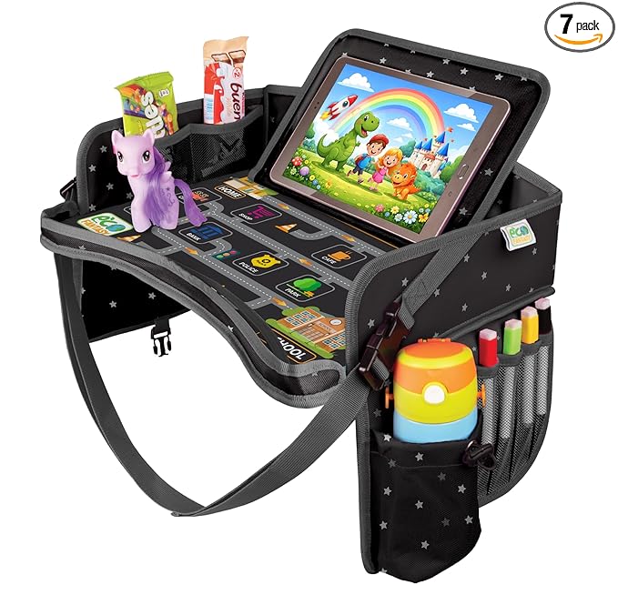 Kids Travel Tray - Waterproof Lap Table with No-Drop Large Tablet Holder - Car Seat Tray - Road Trip Essentials Kids - Car Desk Organizer for Airplane - Toddler Travel Essentials