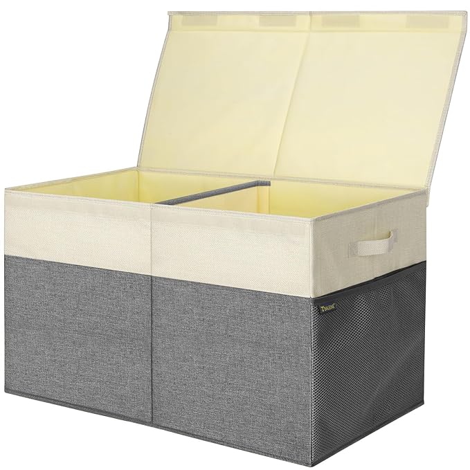BALEINE Fabric Storage Bins with Lid, Collapsible Extra Large Storage Boxes Bins Baskets with Divider for Home Organizing (25"x13"x16", Grey&Beige)