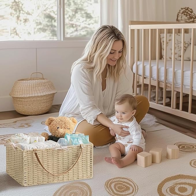 HBlife Large Baby Diaper Caddy Organizer, Paper Rope Storage Baskets Nursery Bin with Removable Divider, Portable Car Organizer for Diapers, Baby Shower Gifts, Newborn Essentials Must Haves