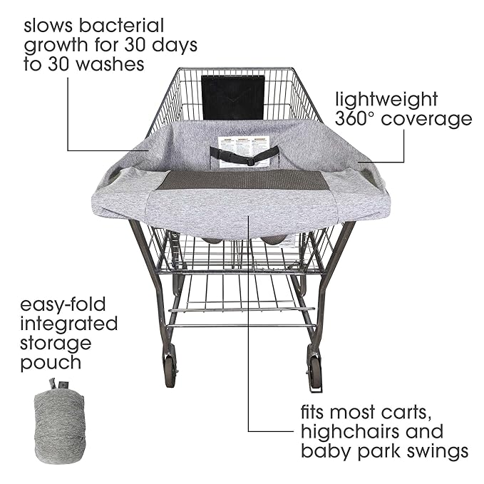 Boppy Compact Shopping Cart Cover, Antibacterial Treated, Gray Heathered with Storage Pouch, Easy-on Stretch Fabric for Single and Wide Shopping Carts and Playground Swings, 6-48 Months