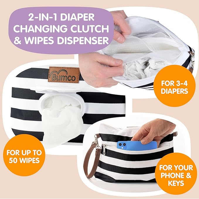 Bumco Diaper Clutch Bag and Mini Cream Spatula - Baby Travel Essentials, Small Bag with Wipes Dispenser, BPA-Free Butt Spatula, Mini Cream Applicator with Case