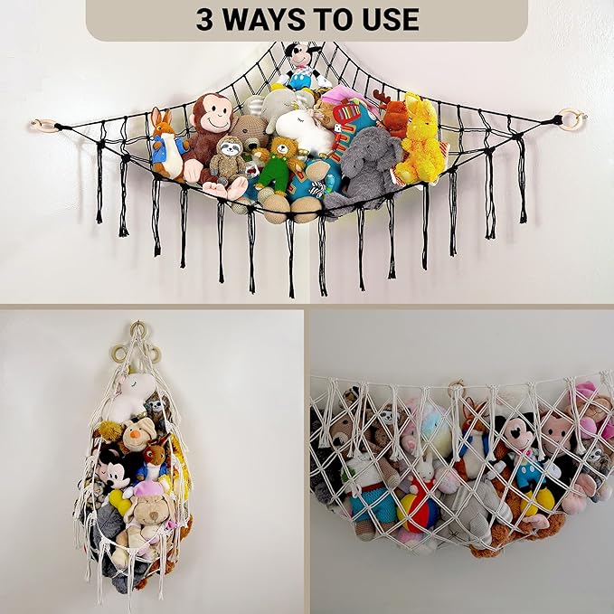 ABBY BABY Large Stuffed Animal Hammock Corner - Stuffed Animal Storage - 100% Natural Cotton Macrame Stuffed Animal Net - Stuff Animal Organizer - Net For Stuffed Animals Corner Large-Black