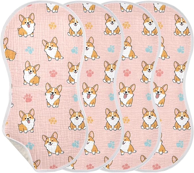 Qinllo 4 Pack Muslin Burp Cloths Cute Dogs Pink Cotton Baby Burp Cloths Ultra Absorbent and Soft Burping Cloth for Baby Boys Girls 22x11 Inch