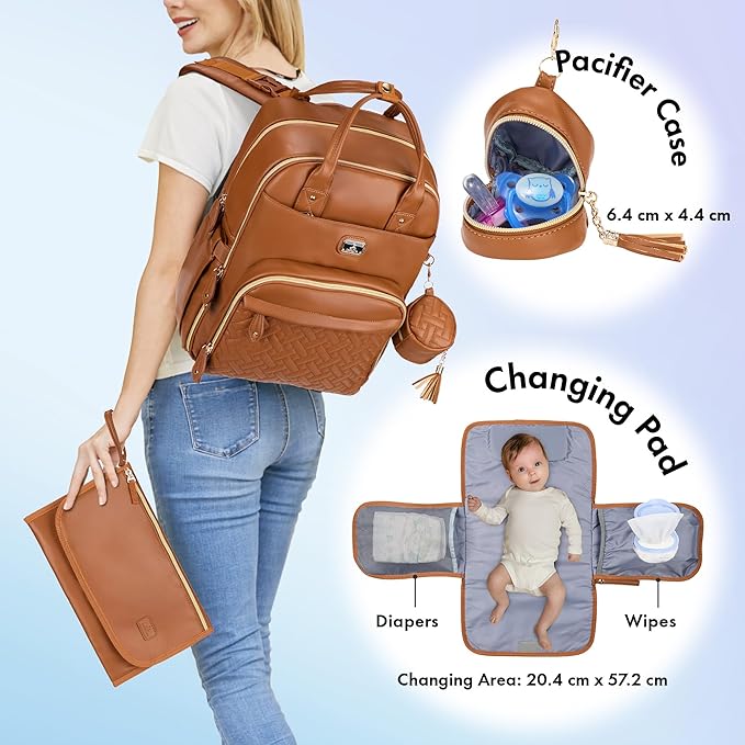 Dikaslon Leather Diaper Bag Backpack with Portable Changing Pad, Pacifier Case and Stroller Straps, Large Unisex Baby Bags for Boys Girls, Multipurpose Travel Back Pack for Moms Dads, Dark Brown