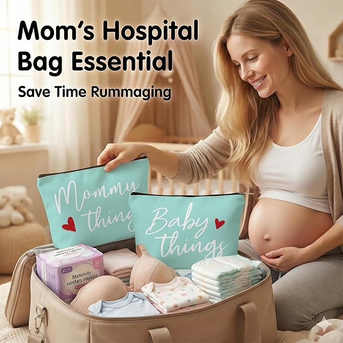 Mommy and Baby Matching Pouch Set, Mommy Things and Baby Things Bags, Gifts for New Moms Expecting Moms, Matching Travel Cases, Green Set of 2