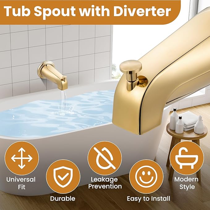 Dreyoo Tub Spout (Universal Fits 1/2" Copper Pipe, 1/2" IPS and 3/4" IPS), Bathroom Bathtub Faucet with Adapters and Hex Wrench(Polished Brass,Simple)
