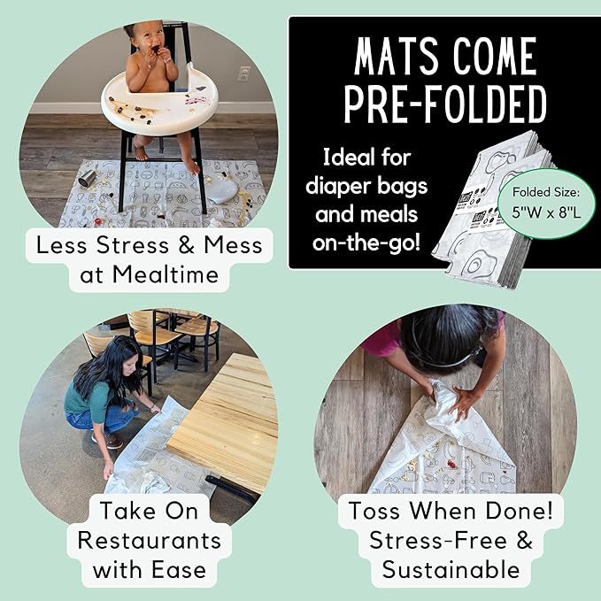 60 Pack | Disposable Splat Mats | THEO'S MATS | Highchair Splat Mat for Floor | Baby Led Weaning Supplies | Biodegradable (THEO001)