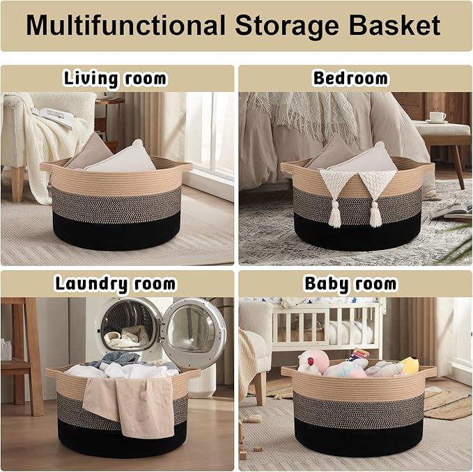 OIAHOMY 90L Blanket Basket for Living Room, Large Basket 23" x 23" x 13" with Handle, Laundry Hamper for Blankets, Pillows, Toy Storage for Kids, Dogs - Yellow and Black