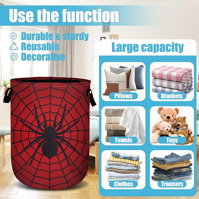 Red Spider Web Laundry Basket, Laundry Hamper Collapsible Oxford Cloth with Handle Clothes Toy Storage Bin for Bathroom Laundry Room Bedroom 15.7 X 20 Inch