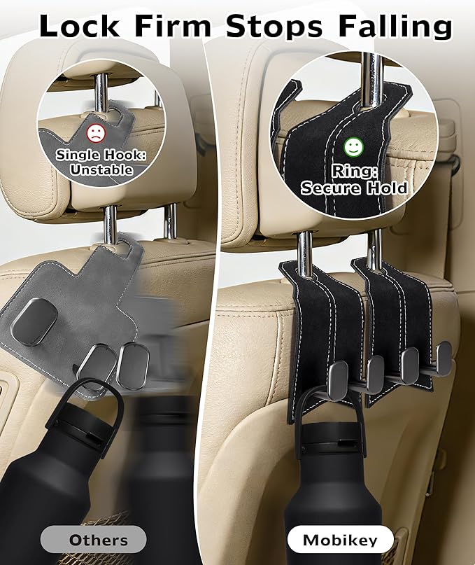 Purse Hook for Car, Car Hooks for Seat Headrest Metal & Premium Leather 2026 Latest, Auto Headrest Hanger Organizer Accessories for Purses and Bags, 2 Pack Black