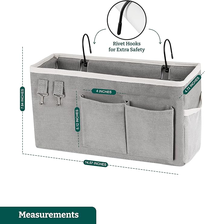 Bedside Caddy Organizer Hanging Storage Bag with Pockets for Books, Magazines, Phone, Tablet & Water Bottle – Bedside Storage for Dorm, Bunk Beds, Hospital Beds & Cribs,Grey