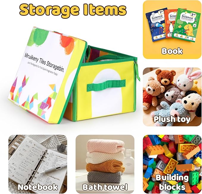 Magnetic Tiles Storage Bin & Interactive Playmat - Foldable Toy Organizer for Magnetic Tile, Portable Kids Storage with Handles,12.6x11.4x7.7inPlay Space for Home,Travel,Classroom,Outdoor Adventures