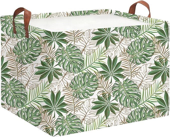 HKEC Rectangle Storage Basket with Handles,Collapsible Storage Bin,Books Box,Gift Basket(Golden Monstera)
