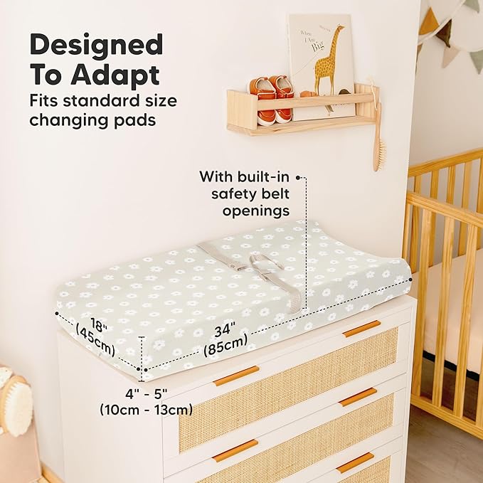 2-Pack Baby Changing Pad Cover for Girl, Boy - 34x18 Soft Viscose Derived from Bamboo Baby Diaper Changing Table Pad Cover Sheets, Neutral, Snug Fit Nursery Diaper Change Sheets (Meadow)