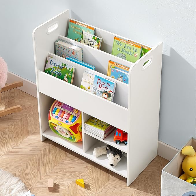 VECELO Kids Bookshelf with Toy Storage - Wooden Nursery Organizer for Books & Toys, Easy Assembly Playroom Shelf (White)