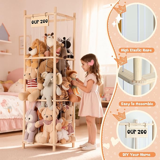LAMU Stuffed Animal Storage, Wooden Zoo Stuffed Animal Holder with Elastic Cords, Space Save Toy Organizer, Extra Large Capacity Stuffed Animal Organizer for Playroom, Bedroom, Nursery
